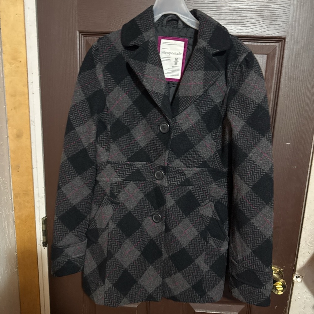 Aeropostale Women's Black and Gray Plaid Blazer